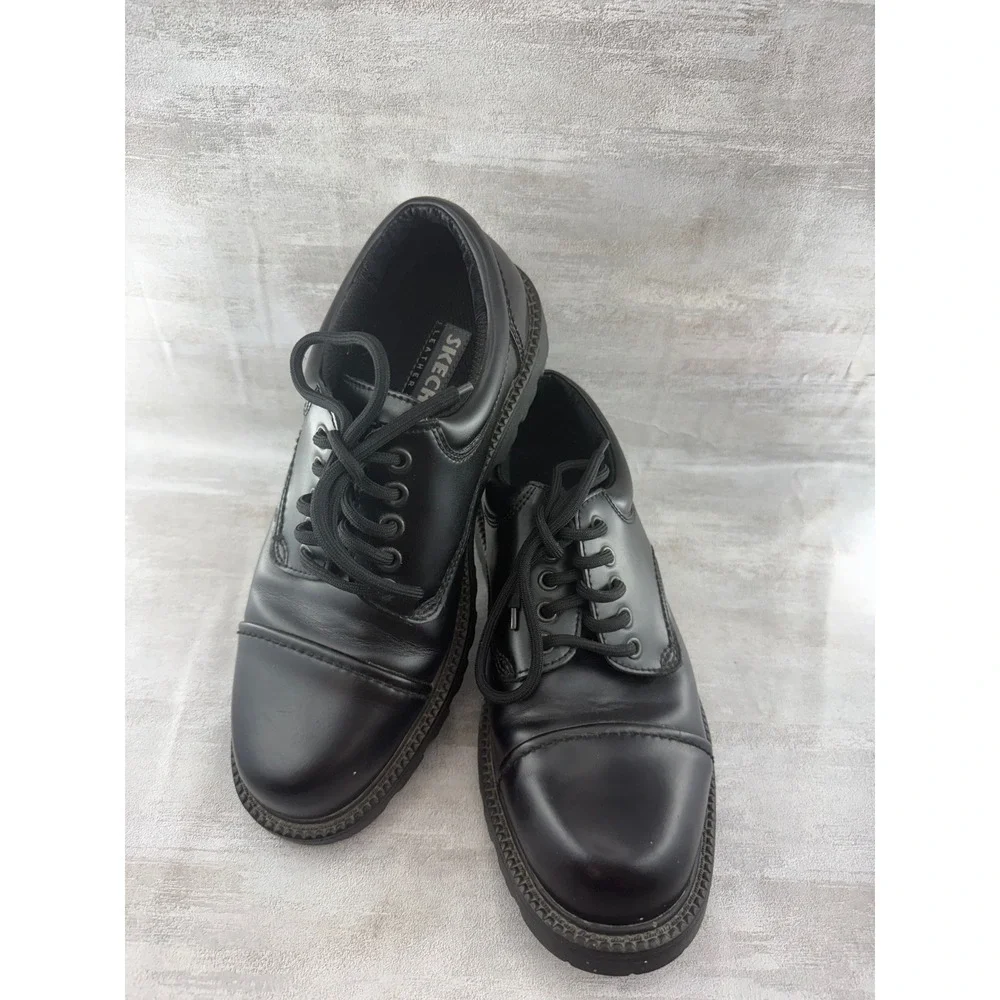 Skechers 4147 Black Leather Cap Toe Oxford Work Shoes Men 9 Slip Resistant Lug